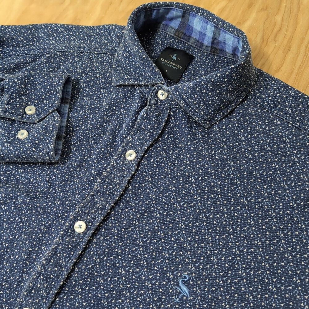 Tailorbyrd Long‎ Sleeve Button Up Shirt Blue All Over Men's L Stretchy Cotton